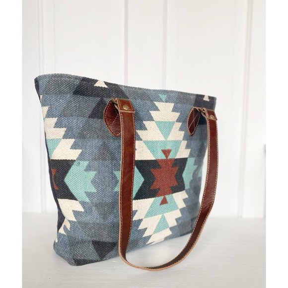 Myra Bag Patterned Upcycled Rug Canvas and Leather Tote Bag - Picture 2 of 9